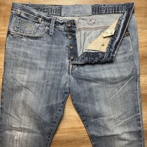 G Star RAW Jeans Men 36x30 Blue 3301 Coder Straight Leg Cotton Ripped Grunge